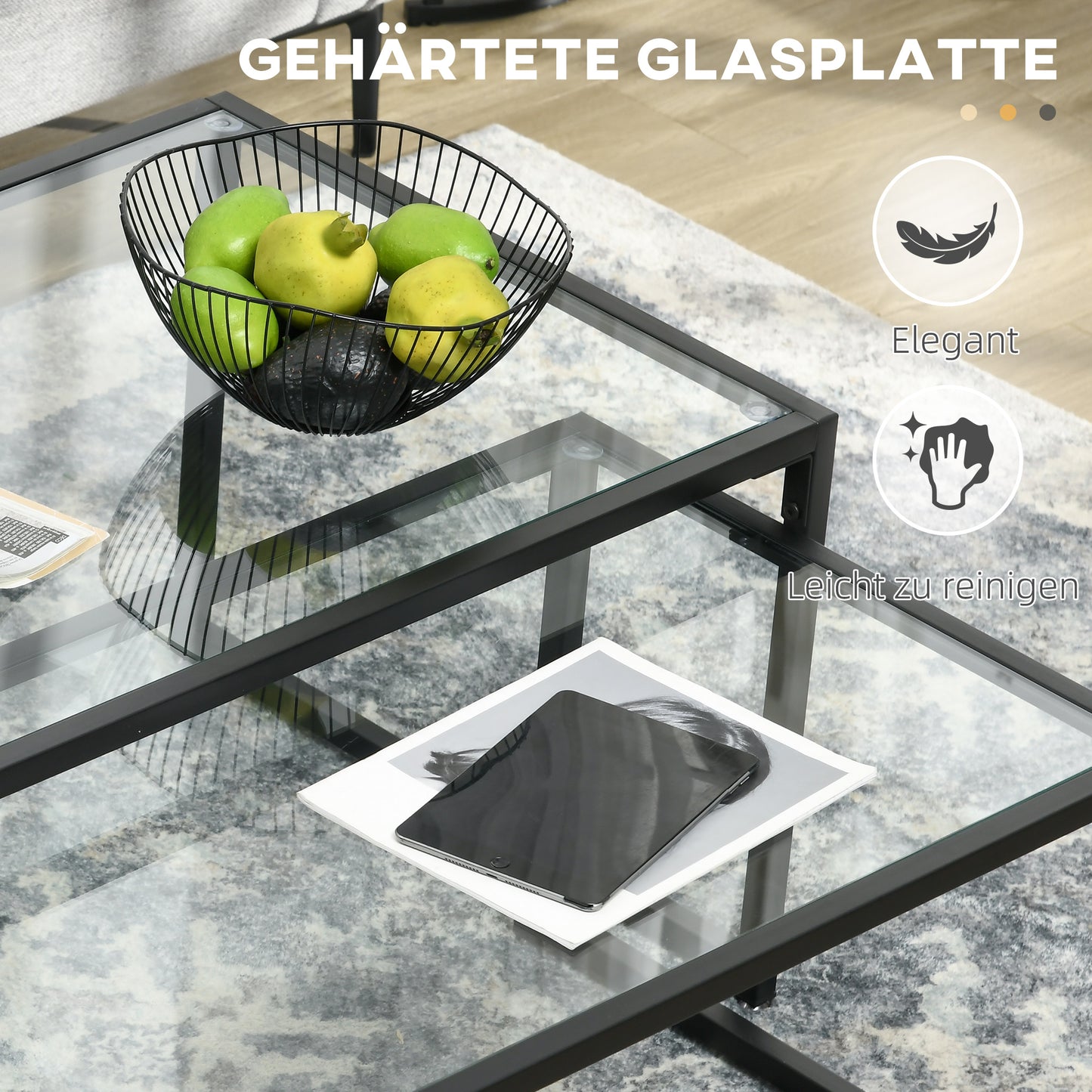 Salontafel – Bijzettafel – Koffietafel – Eettafel – Sofa Tafel – Set van 2 – Gehard Glas Tafelblad – Stabiel Stalen Frame