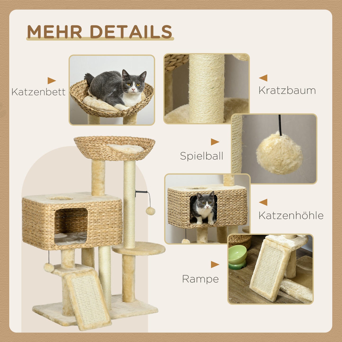 Krabpaal – Kattenkrabpaal – Kattenboom – Krabmeubel – Kattenhuis – Sisal Touw – Compact 60x40x98 cm – Inclusief Kattenhol en Ligbed