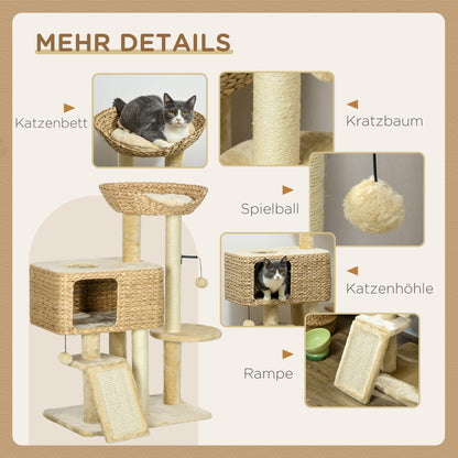 Krabpaal – Kattenkrabpaal – Kattenboom – Krabmeubel – Kattenhuis – Sisal Touw – Compact 60x40x98 cm – Inclusief Kattenhol en Ligbed