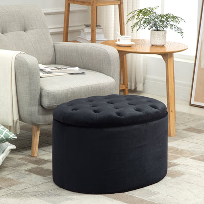 Opbergpoef – Opbergbank – Opbergbox – Zitkist – Voetenbank – Zwart Velvet-achtig Polyester – Ovaal 71x52x42 cm – Comfortabel Met Opbergruimte