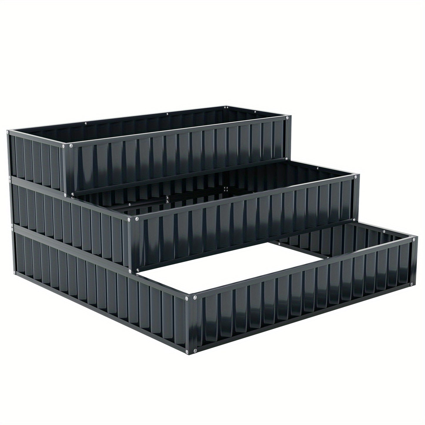 3-Lagen verhoogde plantenbak – verhoogde tuinbak – plantenbak metaal – metalen plantenbak – buiten plantenbak – zwaar metaal – open bodem design – 118 x 118 x 61 cm – zwart