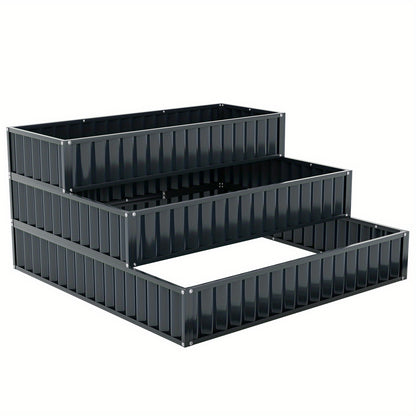 3-Lagen verhoogde plantenbak – verhoogde tuinbak – plantenbak metaal – metalen plantenbak – buiten plantenbak – zwaar metaal – open bodem design – 118 x 118 x 61 cm – zwart