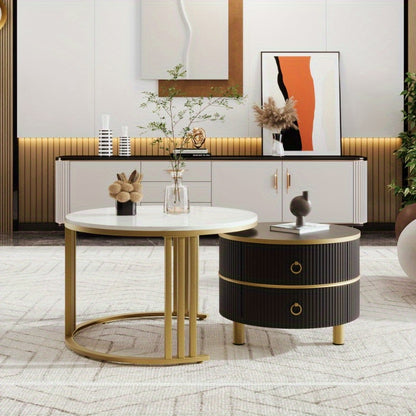 Salontafelset – Salontafel – Bijzettafel – Nesting Tafel – Koffietafel – Ronde Set – Glanzend Marmerlook Blad – 2 Opberglades – Modern Design – 70x70x46 cm & 50x50x40 cm