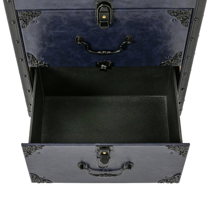 Retro Tie Bar Hairdressing Toolbox with 4 Compartments & Metal Wheels - Blue PU & Woodboard Mobile Storage Organizer for Salon, Home, Travel - No Assembly Required, Hairdressing Storage, Modern Functionality, Wooden Handle