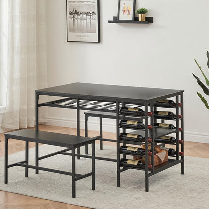 Eettafelset – Tafel met Banken – Eettafel 4 Personen – Compacte Tafelset – Multifunctionele Tafel – Inclusief Wijnrek & Opbergruimte – Rustiek Design – Bruin