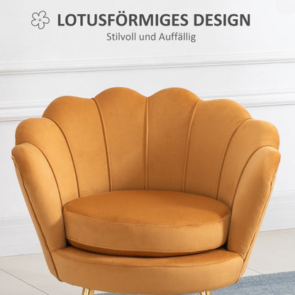 Shell Shape Fauteuil – Loungestoel – Accentstoel – Make-up Kruk – Zitstoel – Gele Velours Bekleding – Metalen Poten – Compact Design
