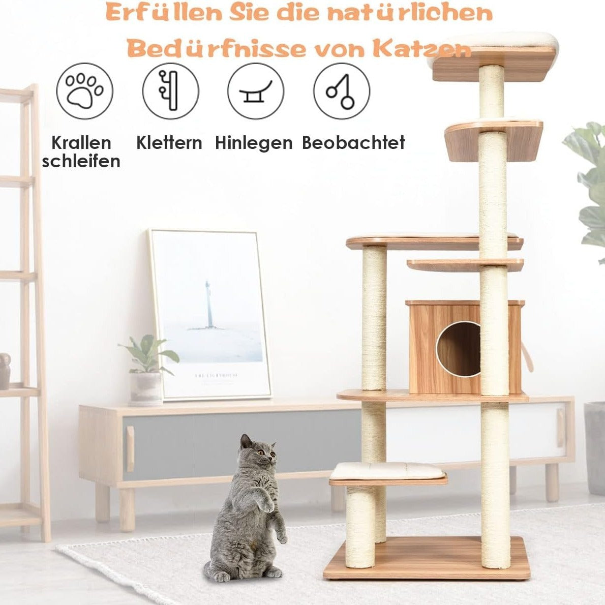 Krabpaal – Kattentoren – Klimmeubel – Krabmeubel – Kattenmeubel – 6 Lagen Met Kattenhol – 175 cm Hoog – Stevig Sisal – Zachte Wasbare Stoffen