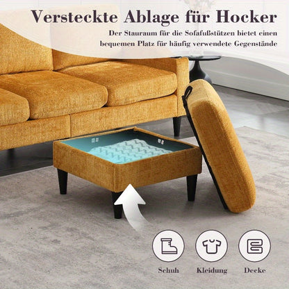 4-zits sofa – bank – zitbank – lounge bank – hoekbank – fluweelachtige bekleding – opberghocker met bekerhouders