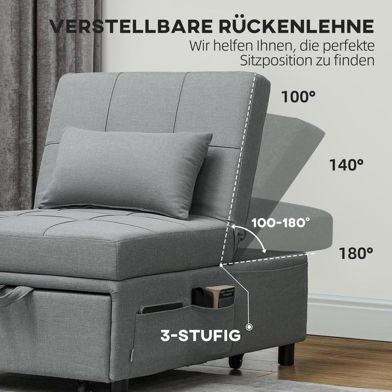 3-in-1 Convertible Sofa Bed with Storage Pocket, Adjustable Backrest & Pillow - Multifunctional Sleeper Chair with Rollers, Space-Saving Design for Small Spaces, Easy Assembly, Durable Plastic/Wood/Metal Frame - Ideal for Liv