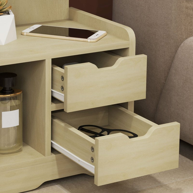 Nachtkastje – Bijzettafel – Bedkastje – Nachtkastje Met Laden – Natuurlijk Hout – 2 Lades En Open Plank – Compact 40x30x60 cm