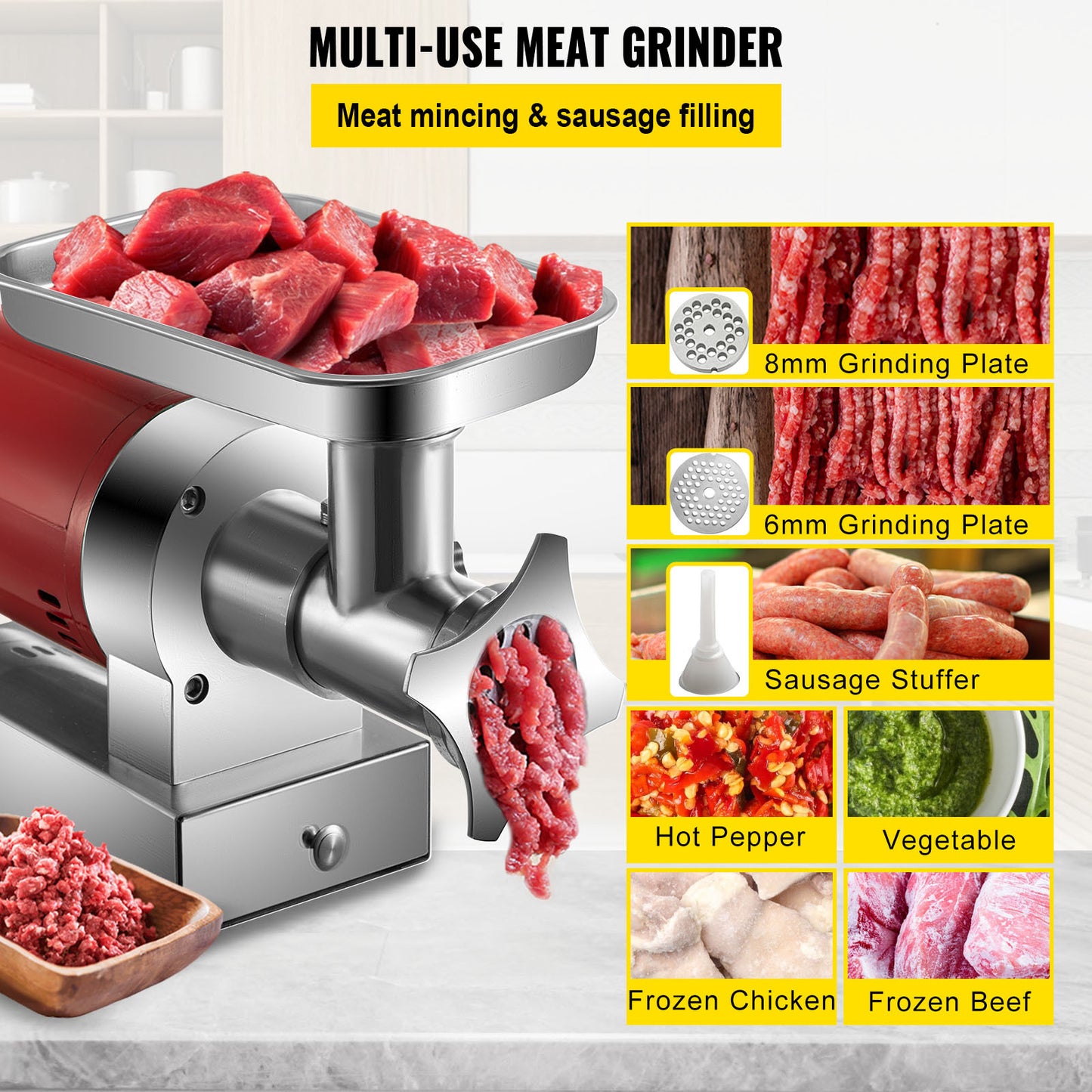 Vleesmolen – Gehaktmolen – Worstmaker – Keukenmachine – Vleesvermalser – 1100W Krachtige Motor – RVS Materiaal