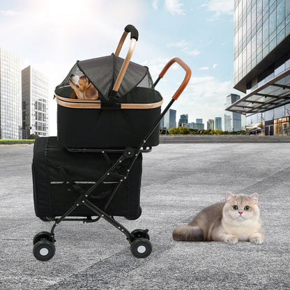 3-in-1 Heavy-Duty Two-Tier Pet Stroller Compatible for Dogs & Cats - Heavy-Duty Oxford Fabric & Frame, Spacious 2-Tier Kennel with Ventilation, Design & All-Terrain Wheels - Lightweight Portable Cart for Twins/Pets
