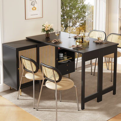 Modern Black Metal Storage Island with 360° Rotating Tabletop, Extendable Design, Wicker Doors & Open Shelves - 107 x 40 x 71.4cm, Perfect for Kitchen and Dining Room Organization, Kitchen Storage Solution | Sleek Metallic F