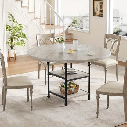 Ronde Eettafel – Ronde Tafel – Dining Table – Eetkamertafel – Keukentafel – Met Opbergplank – Massief Houten Blad – Gouden Metalen Poten – 119 cm – Geschikt voor 4-6 Personen
