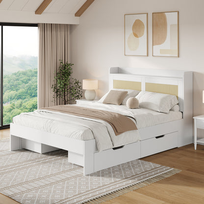 Bedkasten – Opbergbed – Tweepersoonsbed – Massief Houten Bed – Opbergladen – 140x200 cm – Rattan Decoratie – Ruime Opberglades