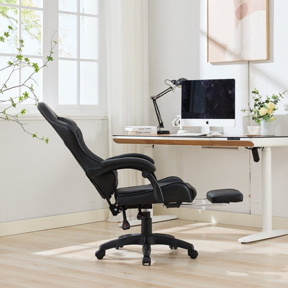 360° Swivel Ergonomic Racing-Style Gaming Chair | Leather High-Back Office Chair with Height-Adjustable Work Chair, Footrest, Headrest, Lumbar Support, Suitable for Office and Gaming Use, Black