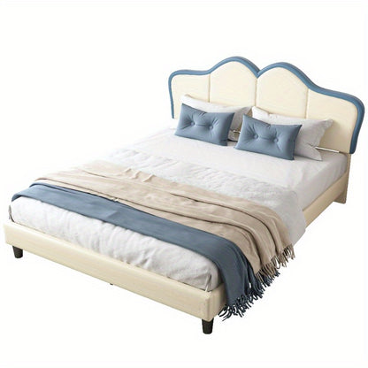 Bedframe – Bedombouw – Bedbodem – Ledikant – Slaapbank – Gevoerd Frame – Veiligheidsranden – 140x200 cm – PU Kunstleer – Wit Blauw