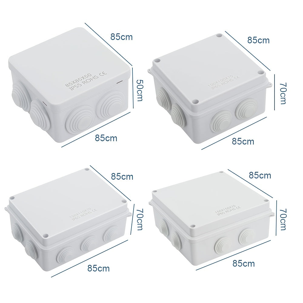 Set van 4 Waterdichte ABS Verdeeldozen – Stofdichte Elektrische Behuizingen voor Beveiligingscamera’s en Kabelbescherming – Wit, Diverse Maten, Binnen- en Buitengebruik