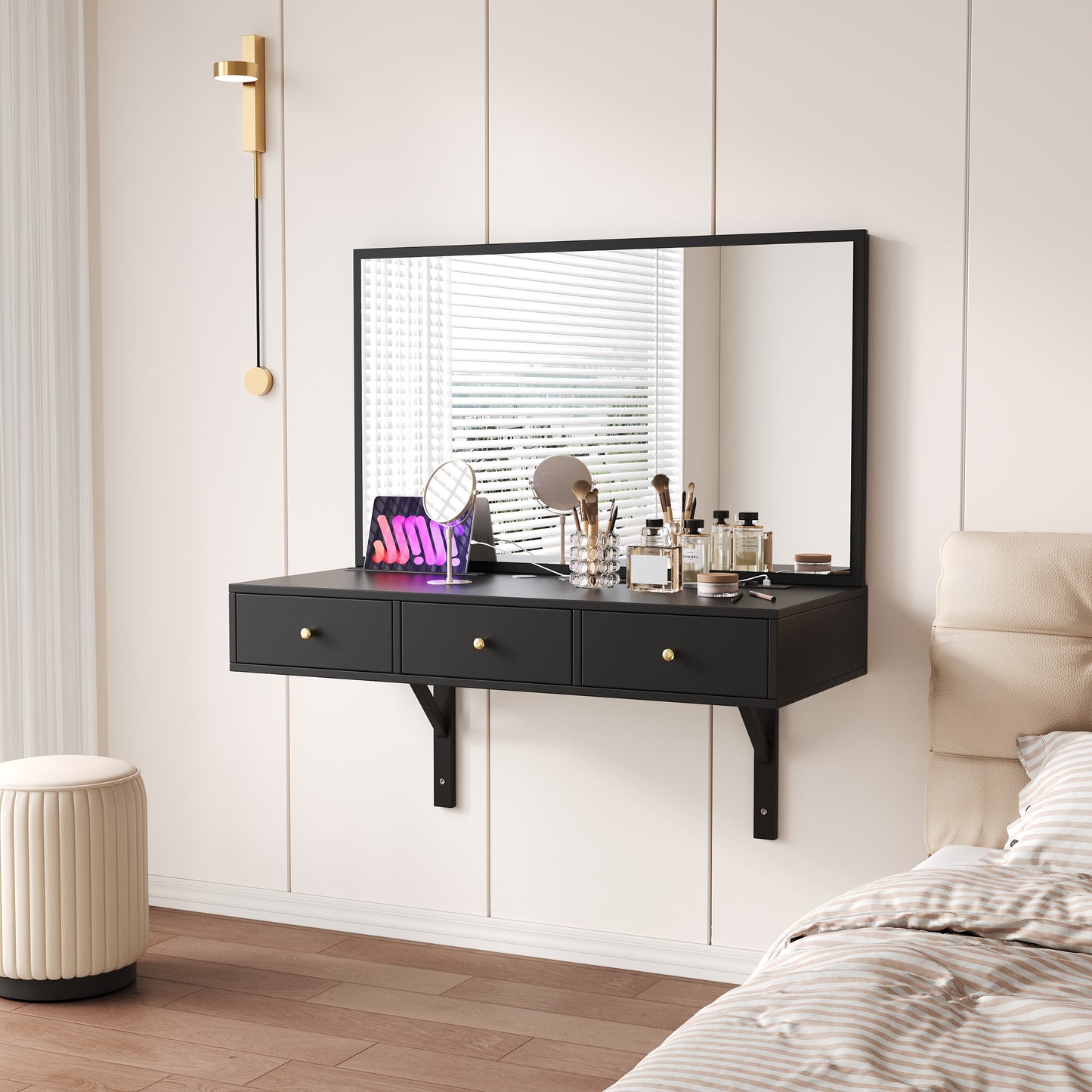 Vanity Hanging with Mirror, 3 Drawers and Power Outlets, Tablet-Card Slot, Beverage Holder; Black 100×105×45 cm (W×H×D)