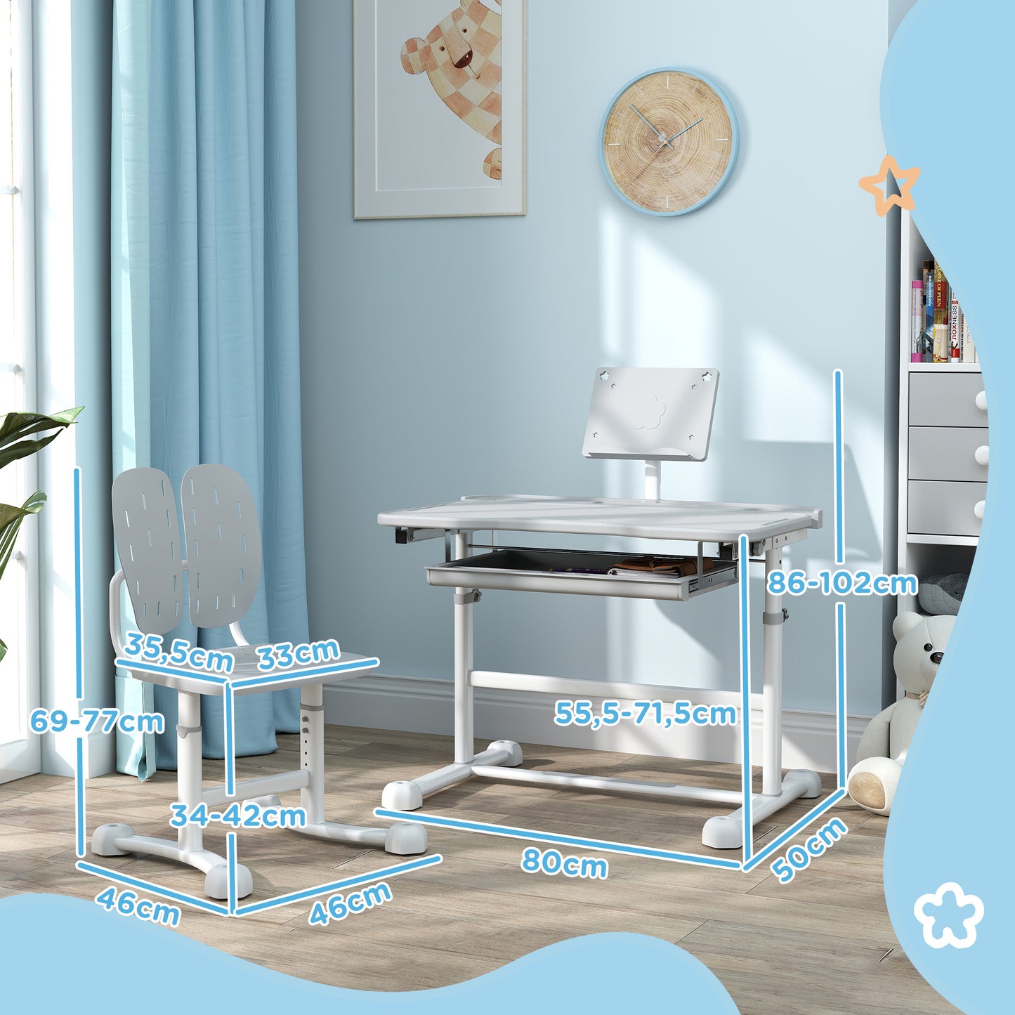 Kinderbureau met Stoel – Kindertafel – Schrijftafel – Studiehoek – Speeltafel – 45° Verstelbaar Werkblad – Hoogte Verstelbaar Grijs