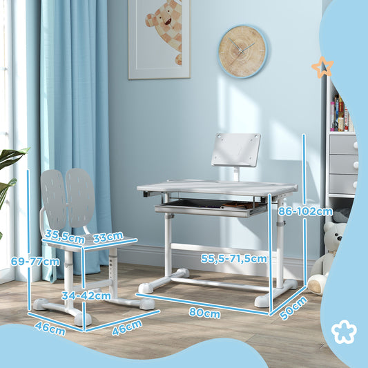 Kinderbureau met Stoel – Kindertafel – Schrijftafel – Studiehoek – Speeltafel – 45° Verstelbaar Werkblad – Hoogte Verstelbaar Grijs