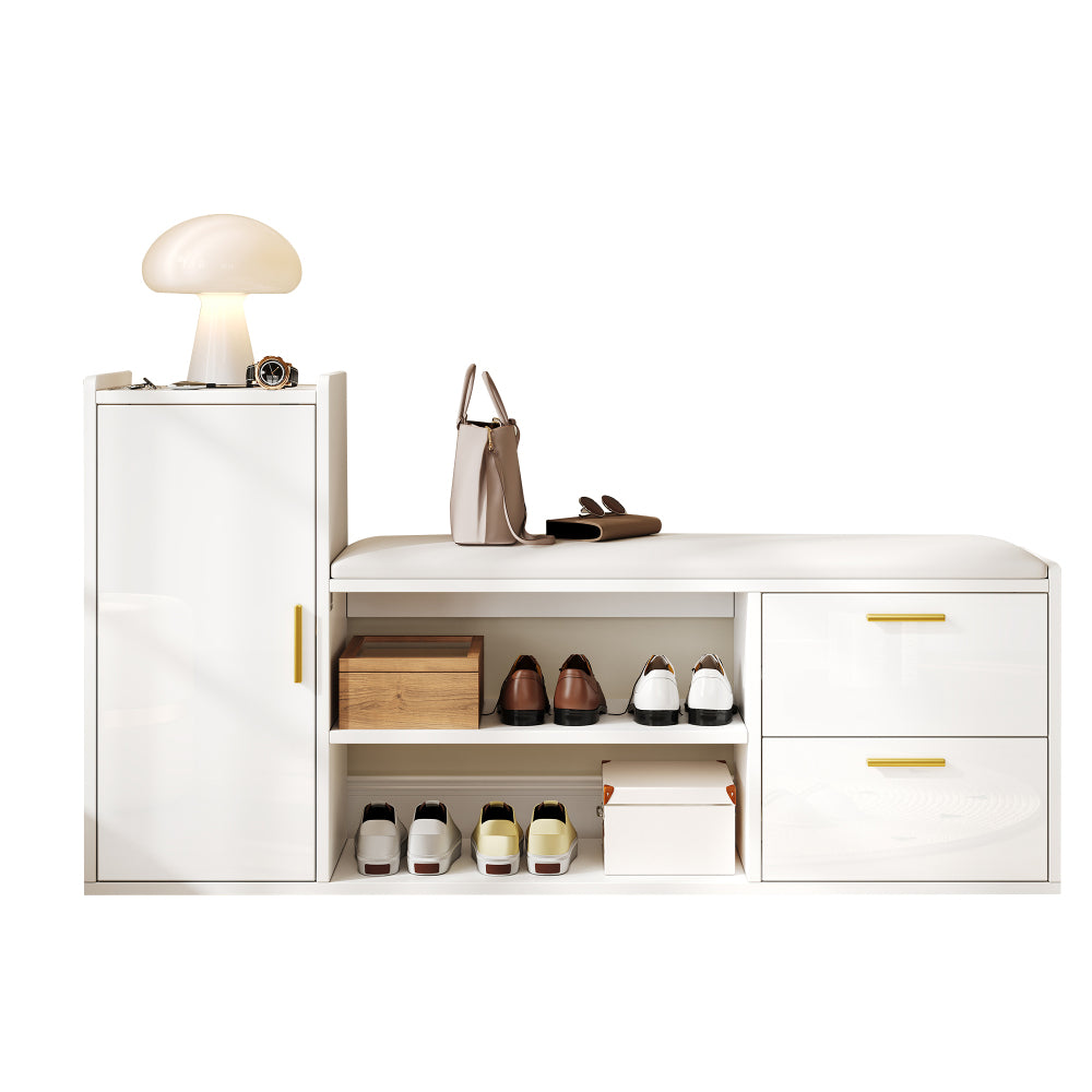 Modern White Metal Shoe Cabinet with Bench & 2 Drawers - Glossy Storage Shoe Rack with Cushioned Seat, Space-Saving Entryway Organizer for Hallway, Living Room, Office - Durable Metal Construction, No Electrical Required