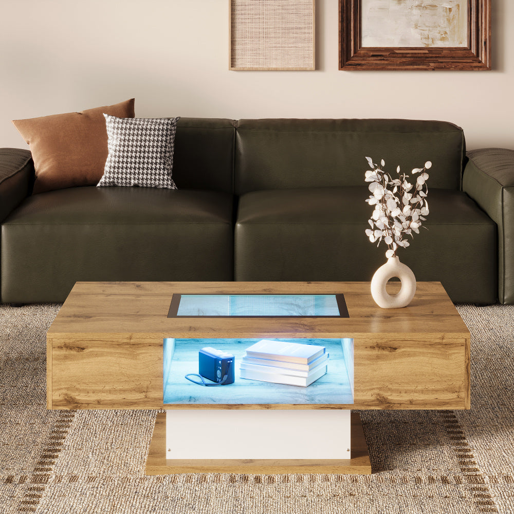 Salontafel – Koffietafel – Bijzettafel – Tafel – Woonkamertafel – Houtkleur – Glasblad – 2 Lade – Modern Design – Direct Gebruiksklaar