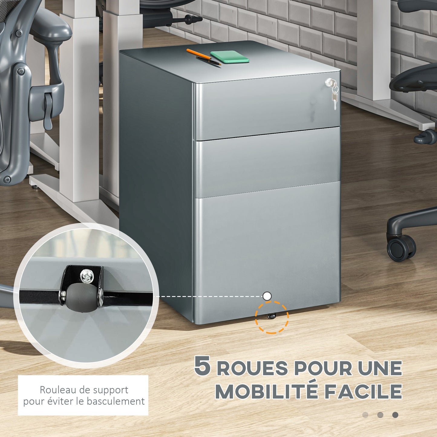 Bureaukastje – Ladeblok – Ladekast – Archiefkast – Opbergkast – Grijs Staal – 3 Lade Met Slot – Compact En Mobiel