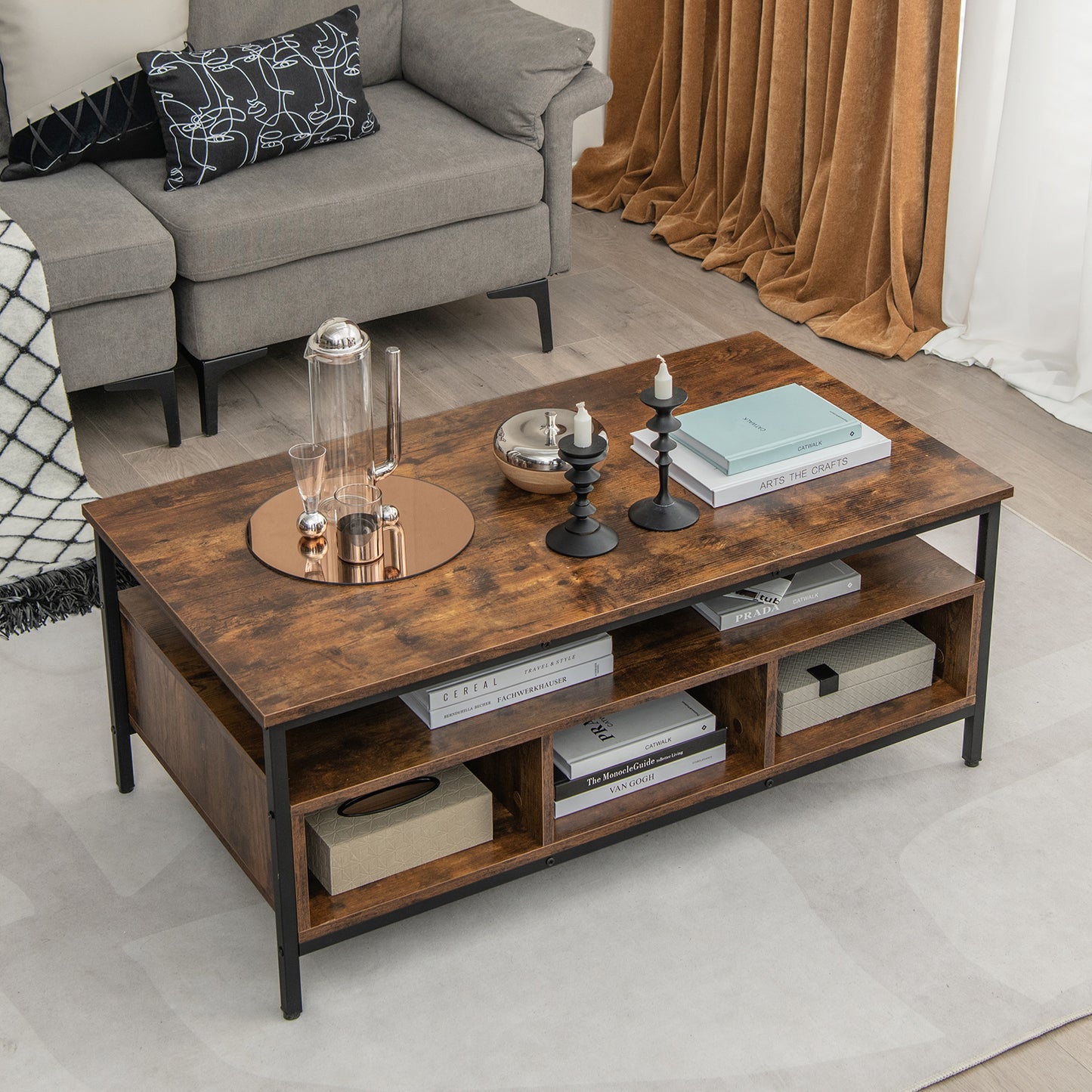 Salontafel – Koffietafel – Woonkamertafel – Tafel Met Opbergruimte – Tv-Meubel – 3-Lagen Design – Stevig Houten Blad Met Metalen Frame – Verstelbare Poten Voor Stabiliteit
