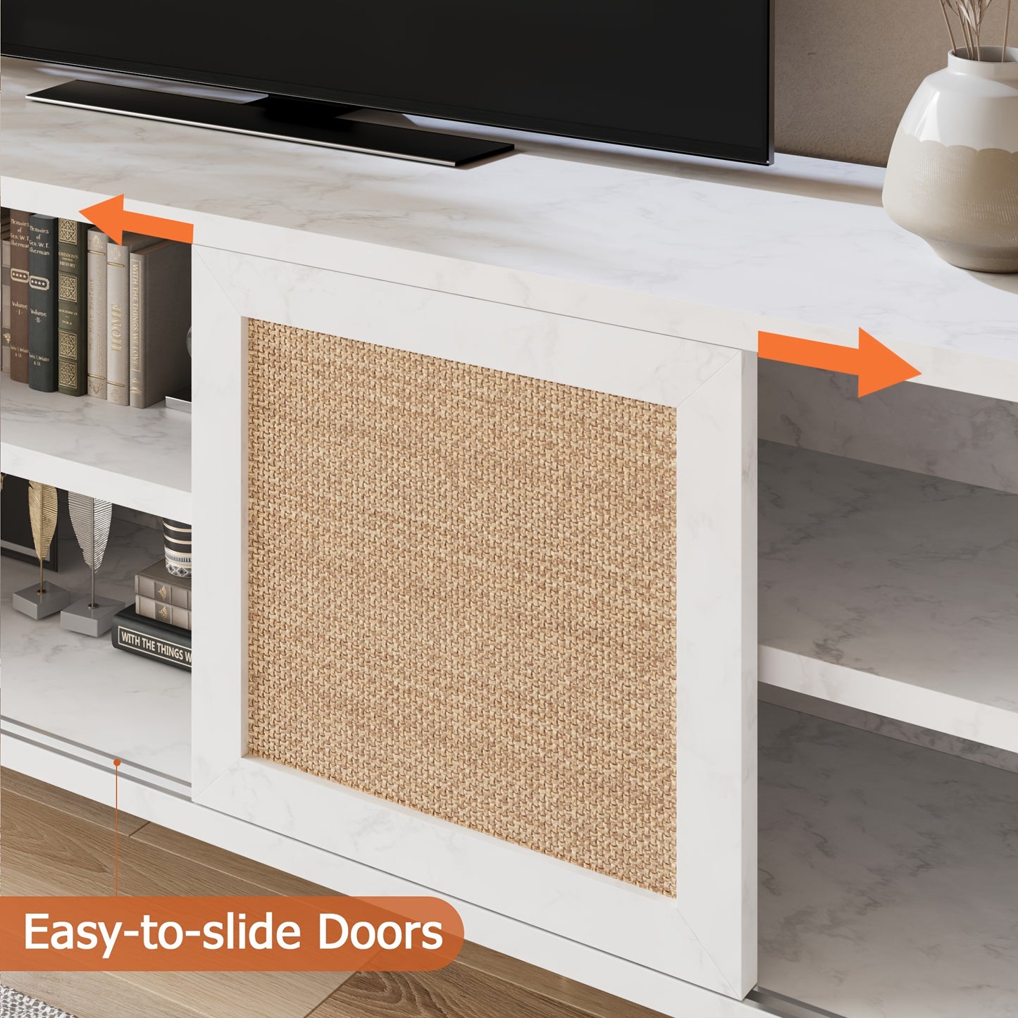 Tv Meubel – TV Kast – TV Meubelkast – TV Dressoir – Entertainment Center – Wit Met Rattan – Geschikt Voor TV Tot 165 cm – Verstelbare Planken