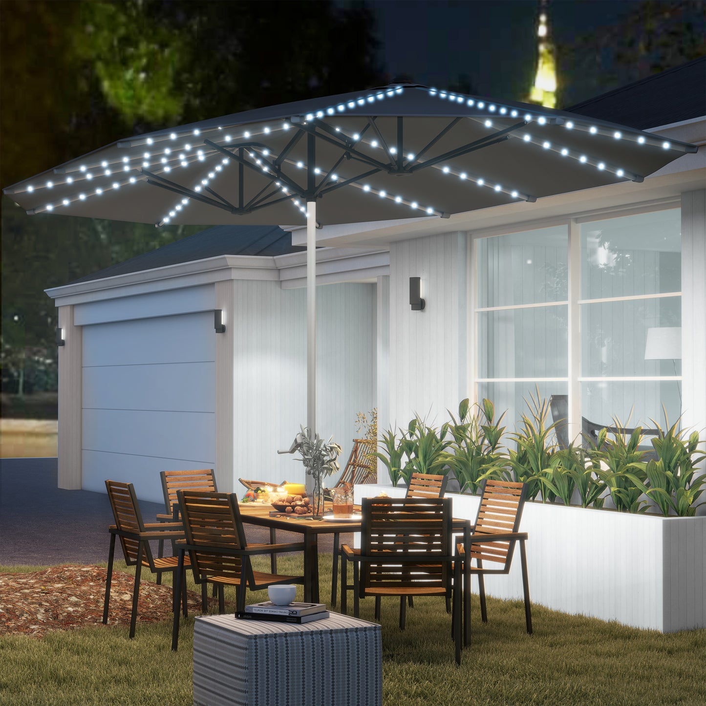 Dubbele Parasol – Terrasparasol – Zonneparasol – Buitenshade – UV-Parasol – Zonnepanelen Met LED-Verlichting – Aluminium Frame & UPF50+ Polyester