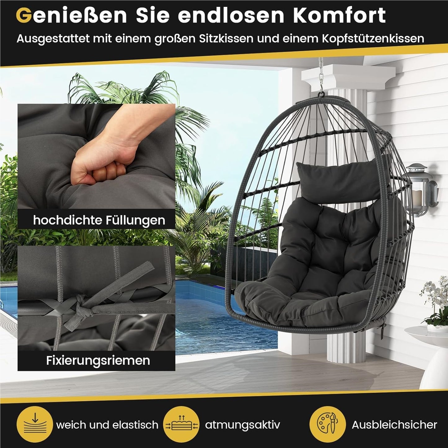 Hangstoel – Hangstoel met Kussen – Hangmatstoel – Schommelstoel – Zitzak – Inklapbaar – PE Rattan – Inclusief Ophangsysteem – Max. 150 kg – Grijs