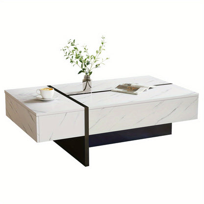Salontafel – Koffietafel – Woonkamertafel – Bijzettafel – Salon tafel – Wit Marmerpatroon – Hoogglans Spaanplaat – 105x60x35 cm – Modern Minimalistisch Design