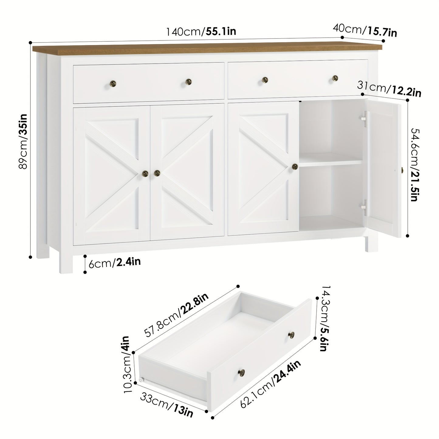 Kast – Opbergkast – Ladekast – Dressoir – Kastenmeubel – Verstelbare Planken – Stevig Hout – Wit Met Gouden Accenten