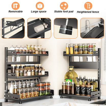 Kruidenrek – Kruidendispenser – Specerijenrek – Keukenrek – Kruidenhouder – Verstelbaar 3-laags – Zwart Metalen Koolstofstaal