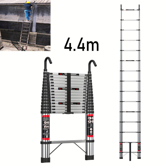 Telescoopladder – Uitschuifladder – Inklapbare Ladder – Opvouwbare Ladder – Telescopische Ladder – Roestvrij Staal – 4,4 Meter Hoogte – 2 Afneembare Haken