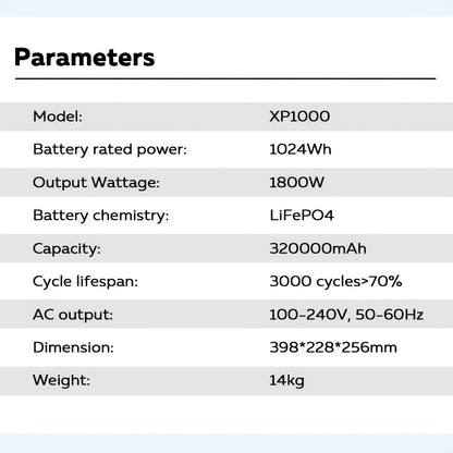 Powerstation – Draagbare Accu – Mobiele Generator – Backup Batterij – Noodstroom – 1800W Hoog Vermogen – 1024Wh Lifepo4 Batterij – Vouwbaar Zonnepaneel Optioneel