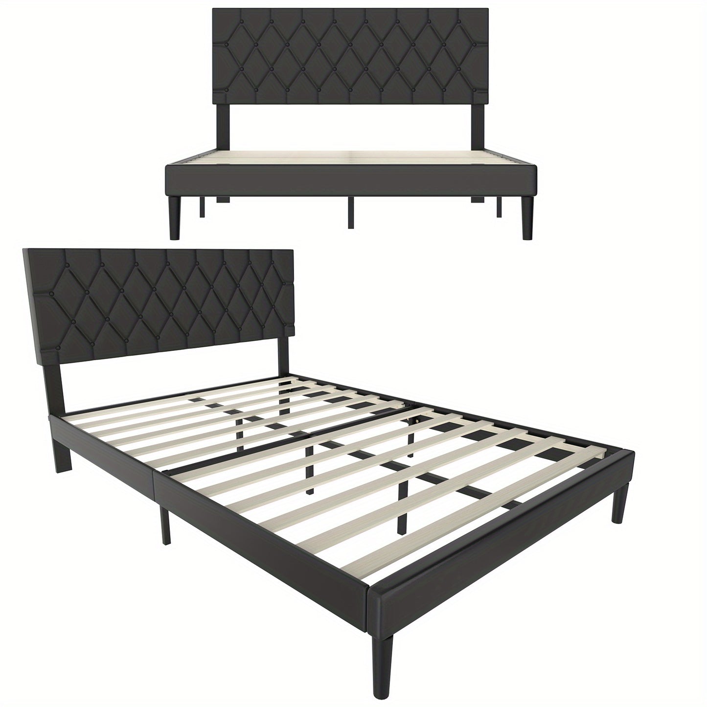 Bedframe – Gestoffeerd Bed – Tweepersoonsbed – Platformbed – Slaapbank – Zwart Imitatieleer – 140x200 cm – Hoogwaardig Padded Hoofdeinde – Stevige Houten Lattenbodem