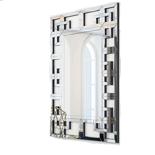 Wandspiegel – Passpiegel – Staande Spiegel – Badkamerspiegel – Make-up Spiegel – Grote Afmeting 100x70 cm – Zilverkleurig MDF Frame Met Geometrisch Design
