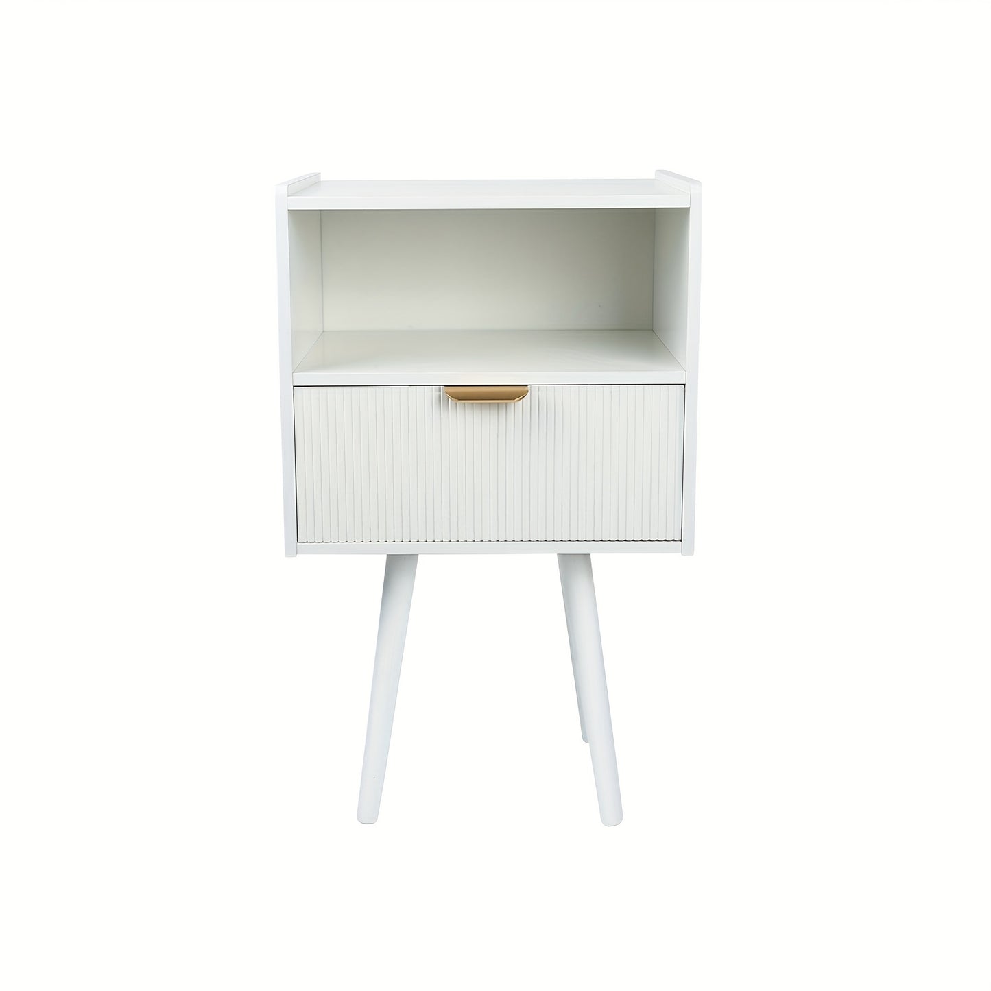Nachtkastje – Bijzettafel – Sidetable – Bedtafel – Opbergkastje – Wit MDF Met Houten Poten – Lade En Open Vak – Compact 42x30x65 cm