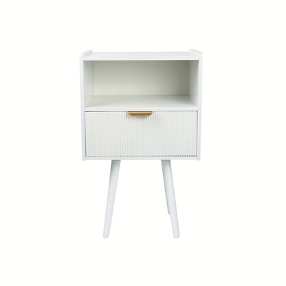 Nachtkastje – Bijzettafel – Sidetable – Bedtafel – Opbergkastje – Wit MDF Met Houten Poten – Lade En Open Vak – Compact 42x30x65 cm