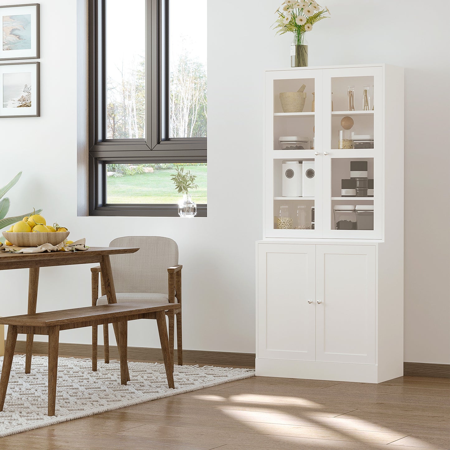Vitrinekast – Boekenkast – Opbergkast – Glazen Kast – Dressoir – Wit – 178,5 cm Hoog – MDF Met Gehard Glas