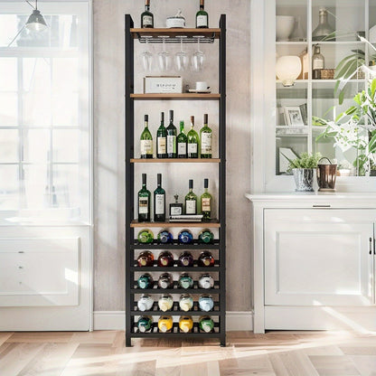 Wijnrek – Flessenrek – Wijnhouder – Wandrek – Organizer – 9-Laags Bruin Metaal – Inclusief Glazenhouder & Opbergruimte – Voor 20 Flessen – Industrieel Design – 45x35x180 cm