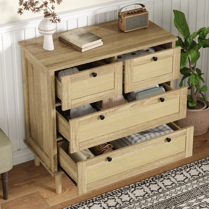 Ladekast – Opbergkast – Commode – Dressoir – Kast – Rattan Voorpanelen – Massief Houten Pootjes – 4 Ruime Lades – Compact 80 cm Breed