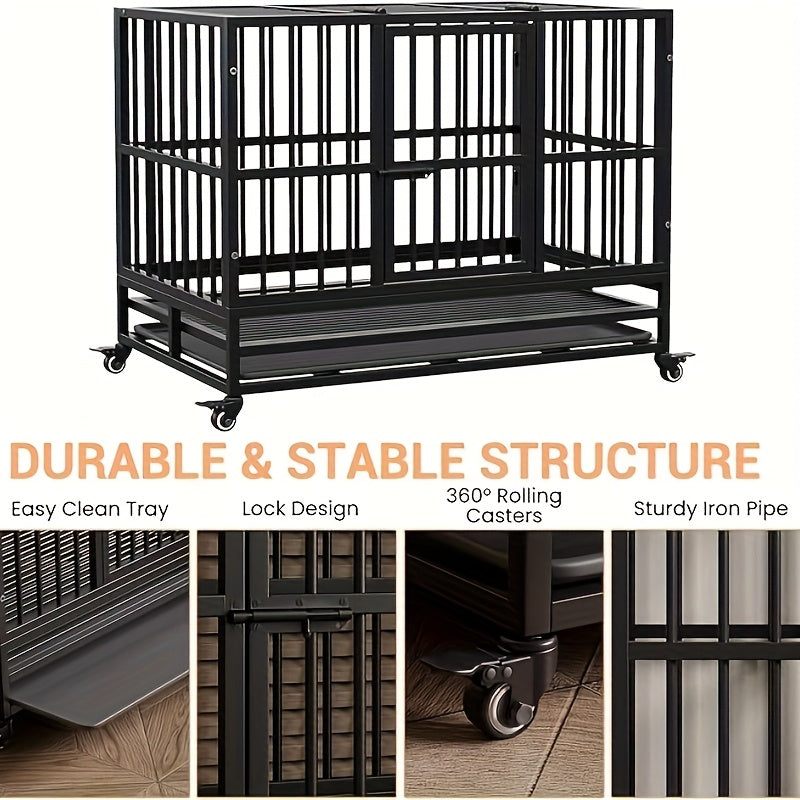 Heavy-Duty Double Door Dog Crate - Foldable Kennel with 360° Wheels, Removable Tray, Large Doors - Easy Assembly & Collapsible Design for Medium Dogs - Escape-Proof Steel Construction for Indoor/Travel Use - Ideal for Strong