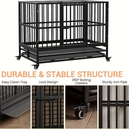 Heavy-Duty Double Door Dog Crate - Foldable Kennel with 360° Wheels, Removable Tray, Large Doors - Easy Assembly & Collapsible Design for Medium Dogs - Escape-Proof Steel Construction for Indoor/Travel Use - Ideal for Strong