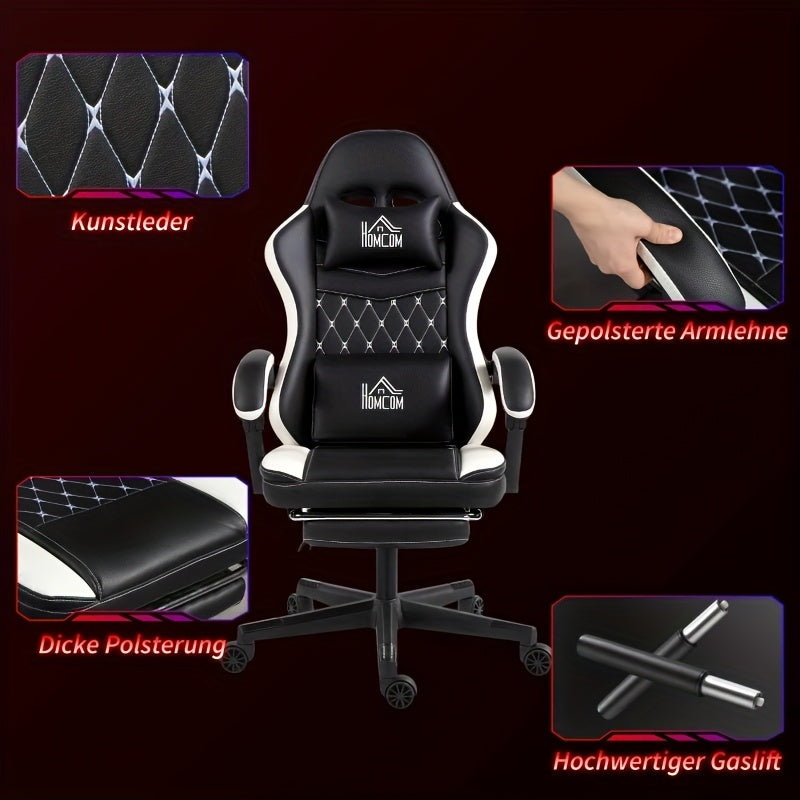 Ergonomic Gaming Chair with Footrest & Lumbar Support - Heavy-Duty Adjustable Height Recliner, 360° Swivel Memory Foam Computer Desk Chair, Manual Recline Handle, Headrest & 5-Wheel Base for Office, PC, Computer (Black/White