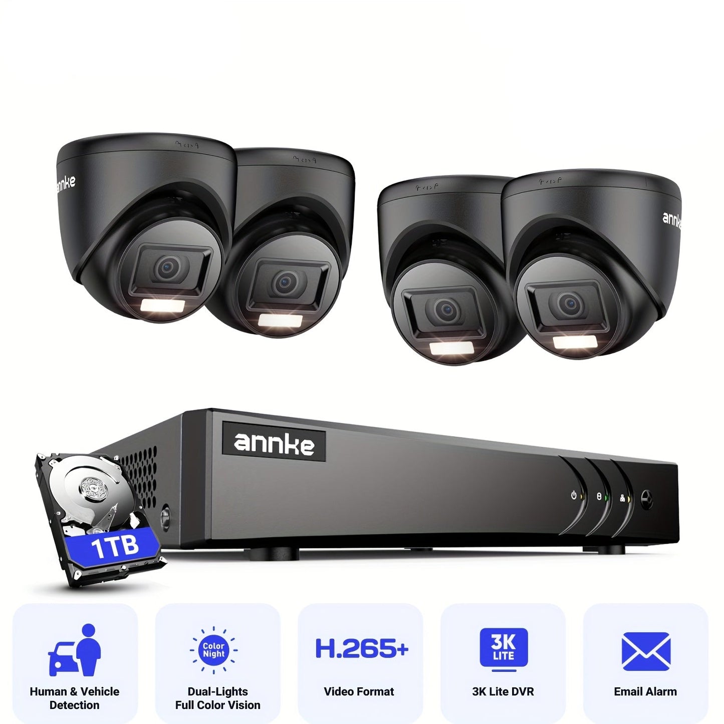 Beveiligingscamera – Camerabewaking – CCTV Camera – Bewakingscamera – 8-kanaals H.265+ DVR Recorder – AI Mens/Voertuig Detectie – 4x 1080P Indoor & Outdoor Turret Camera’s – Nachtzicht 30m – 1TB Opslag