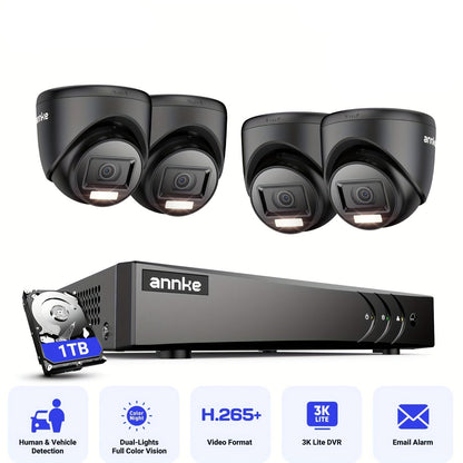 Beveiligingscamera – Camerabewaking – CCTV Camera – Bewakingscamera – 8-kanaals H.265+ DVR Recorder – AI Mens/Voertuig Detectie – 4x 1080P Indoor & Outdoor Turret Camera’s – Nachtzicht 30m – 1TB Opslag