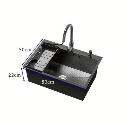 Enkele Kom Keukenbak – Spoelbak – Keukenspoelbak – Inbouwspoelbak – Enkele Kom Spoelbak – Zwart Roestvrij Staal – 80x50x22 cm – Uittrekbare Mengkraan – Zeefmandje en Zeeppompje